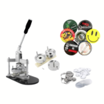 reon marketing   manual button badge press with dies metal backings pins and a variety of sample badge pins and patches